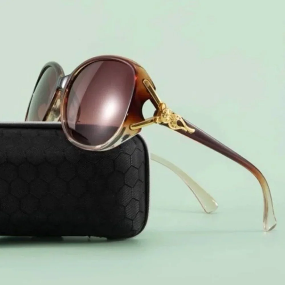 Brown & Gold Oversized Polarized Sunglasses Retro Style with Case Nwt